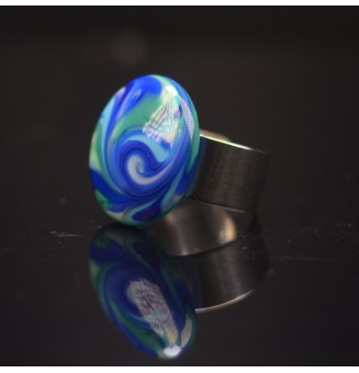 Bague en Verre Filé au Chalumeau "bleue"  - acier INOXYDABLE