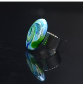 Bague en Verre Filé au Chalumeau "bleu et vert"  - acier INOXYDABLE