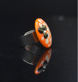 Bague en Verre Filé au Chalumeau "GIRLY" Orange et kaki - acier INOXYDABLE