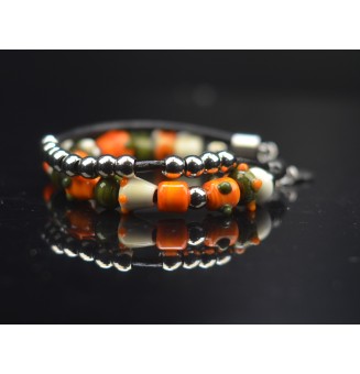 Bracelet ARTISANAL double en perles de verre "ivoire kaki orange" CUIR Noir