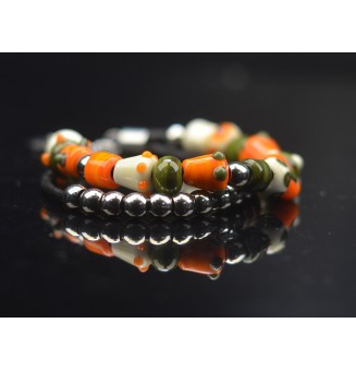 Bracelet ARTISANAL double en perles de verre "ivoire kaki orange" CUIR Noir