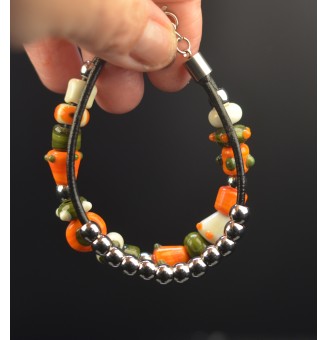 Bracelet ARTISANAL double en perles de verre "ivoire kaki orange" CUIR Noir