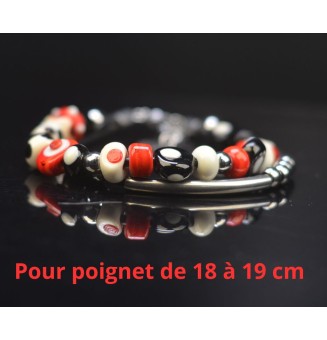 Bracelet ARTISANAL double en perles de verre "ivoire noir rouge" CUIR Noir