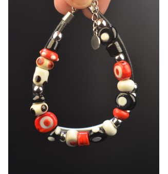 Bracelet ARTISANAL double en perles de verre "ivoire noir rouge" CUIR Noir