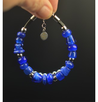 Bracelet ARTISANAL double rang en perles de verre "BLEU" CUIR rose