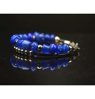 Bracelet ARTISANAL double rang en perles de verre "BLEU" CUIR rose