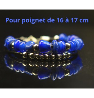 Bracelet ARTISANAL double rang en perles de verre "BLEU" CUIR rose