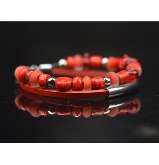 Bracelet ARTISANAL double en perles de verre "ROUGE RUBIS" CUIR Noir