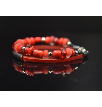 Bracelet ARTISANAL double en perles de verre "ROUGE RUBIS" CUIR Noir