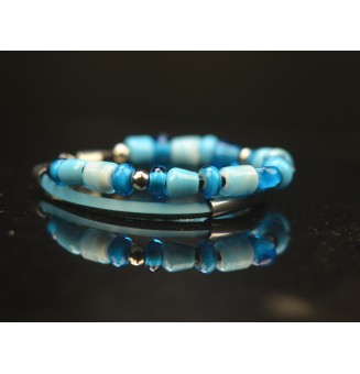 Bracelet ARTISANAL double en perles de verre "turquoise" CUIR Noir