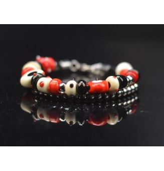 Bracelet ARTISANAL double en perles de verre "ivoire noir rouge" CUIR Noir