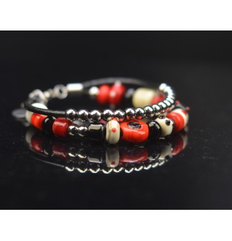 Bracelet ARTISANAL double en perles de verre "ivoire noir rouge" CUIR Noir