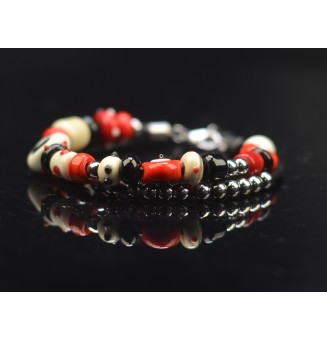 Bracelet ARTISANAL double en perles de verre "ivoire noir rouge" CUIR Noir