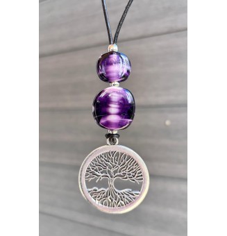 Collier en cuir noir et perles de verre violettes avec pendentif Arbre de Vie - 77 cm