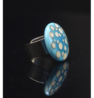 Bague en Verre Filé au Chalumeau Turquoise et ivoire  - acier INOXYDABLE