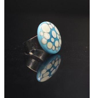 cabochon artisanal en verre "TURQUOISE et ivoire" pour bague ou collier interchangeable en verre  (sans le support )