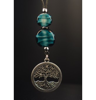 Collier en cuir noir et perles de verre "bleu petrole" avec pendentif Arbre de Vie - 77 cm