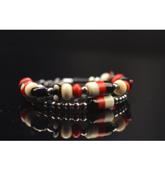 Bracelet ARTISANAL double en perles de verre "ivoire noir rouge" CUIR Noir