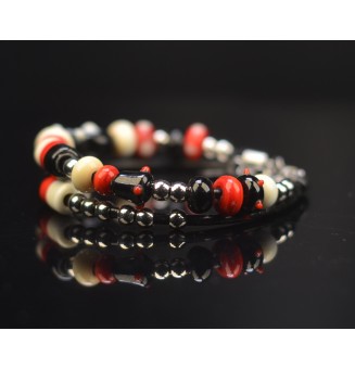 Bracelet ARTISANAL double en perles de verre "ivoire noir rouge" CUIR Noir