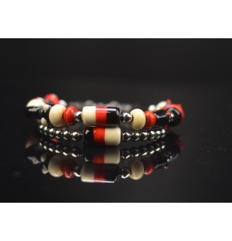 Bracelet ARTISANAL double en perles de verre "ivoire noir rouge" CUIR Noir