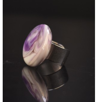 Bague en Verre Filé au Chalumeau violet et blanc  - acier INOXYDABLE