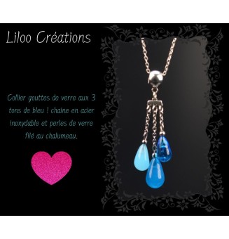 collier gouttes bleues en perles de verre filé - acier inoxydable" perles de verre filé au chalumeau