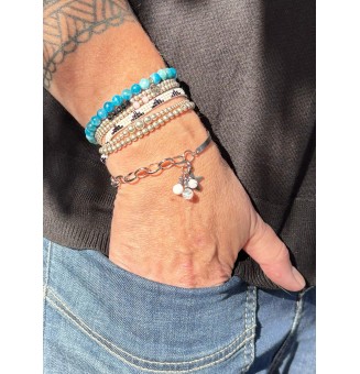 Bracelet Demi Jonc en Acier Inoxydable avec Charms et Perles de Verre BLANC