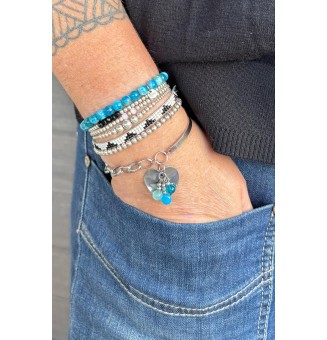 Bracelet Demi Jonc en Acier Inoxydable avec Charms et Perles de Verre BLEU VERT