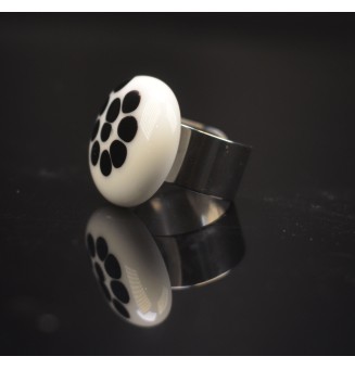 Bague en Verre Filé au Chalumeau noir blanc  - acier INOXYDABLE