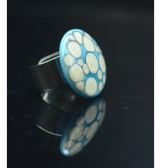 Bague en Verre Filé au Chalumeau Turquoise et ivoire  - acier INOXYDABLE