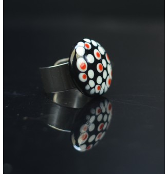 Bague en Verre Filé au Chalumeau noir blanc rouge - acier INOXYDABLE