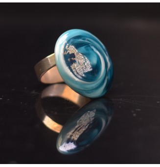 cabochon artisanal en verre "bleu petrole" pour bague ou collier interchangeable en verre  (sans le support )