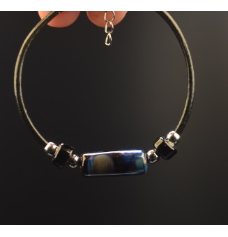 Bracelet en Cuir et Perle de Verre bleu metallique et noir, pour Homme