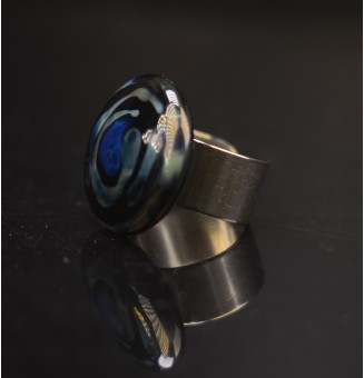 Bague en Verre Filé au Chalumeau "noir reflets metalliques"  - acier INOXYDABLE