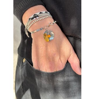 Bracelet Demi Jonc en Acier Inoxydable avec Charms et Perles de Verre Jaune