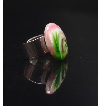 Bague en Verre Filé au Chalumeau "vert et rose"  - acier INOXYDABLE