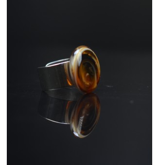 Bague en Verre noir et caramel réglable- en Acier Inoxydable - bijou artisanal