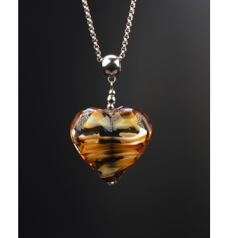 collier COEUR "noir et caramel" en verre filé au chalumeau - acier inoxydable