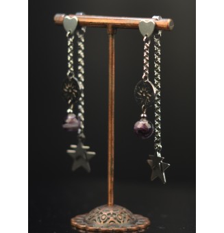 Boucles d'oreilles "violettes" double pendants en  acier inoxydable avec perles de verre