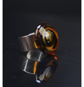 Bague en Verre noir et caramel réglable- en Acier Inoxydable - bijou artisanal