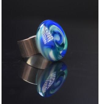 Bague en Verre Filé au Chalumeau "bleu et vert"  - acier INOXYDABLE