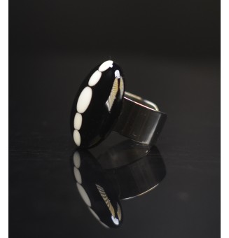 Bague en Verre Filé au Chalumeau "blanc noir"  - acier INOXYDABLE