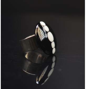 Bague en Verre Filé au Chalumeau "blanc noir"  - acier INOXYDABLE