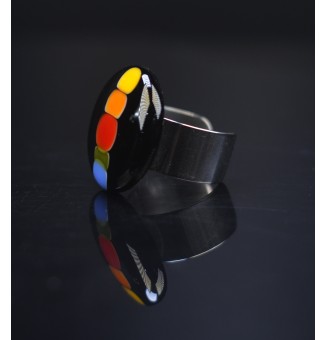 Bague en Verre Filé au Chalumeau "noir et multicolore"  - acier INOXYDABLE