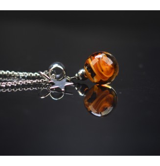 Collier artisanal 42 + 3 cm "noir et caramel" perles de verre filé - acier inoxydable