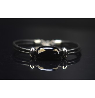 Bracelet ARTISANAL en perles de verre "noir" CUIR Noir