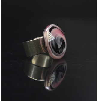 Bague en Verre noir et rose réglable- en Acier Inoxydable - bijou artisanal