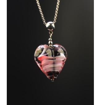 collier COEUR "noir et rose" en verre filé au chalumeau - acier inoxydable