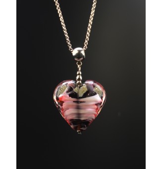 collier COEUR "noir et rose" en verre filé au chalumeau - acier inoxydable