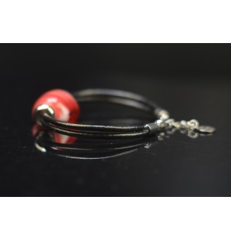 Bracelet ARTISANAL en perles de verre "rose " CUIR Noir